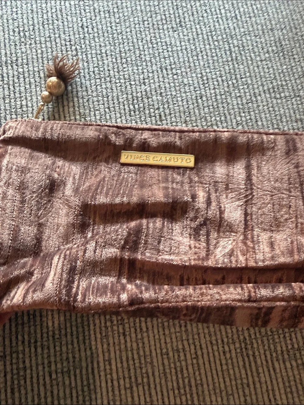 Vince Camuto Brown Velvet Textured Cosmetic Case Beaded Tassel Inside Zip Pocket